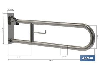 Barra de Apoyo Abatible Vertical con Accesorio para Papel Higiénico | Medida: 74 cm de largo y 3,2 cm de diámetro - Cofan